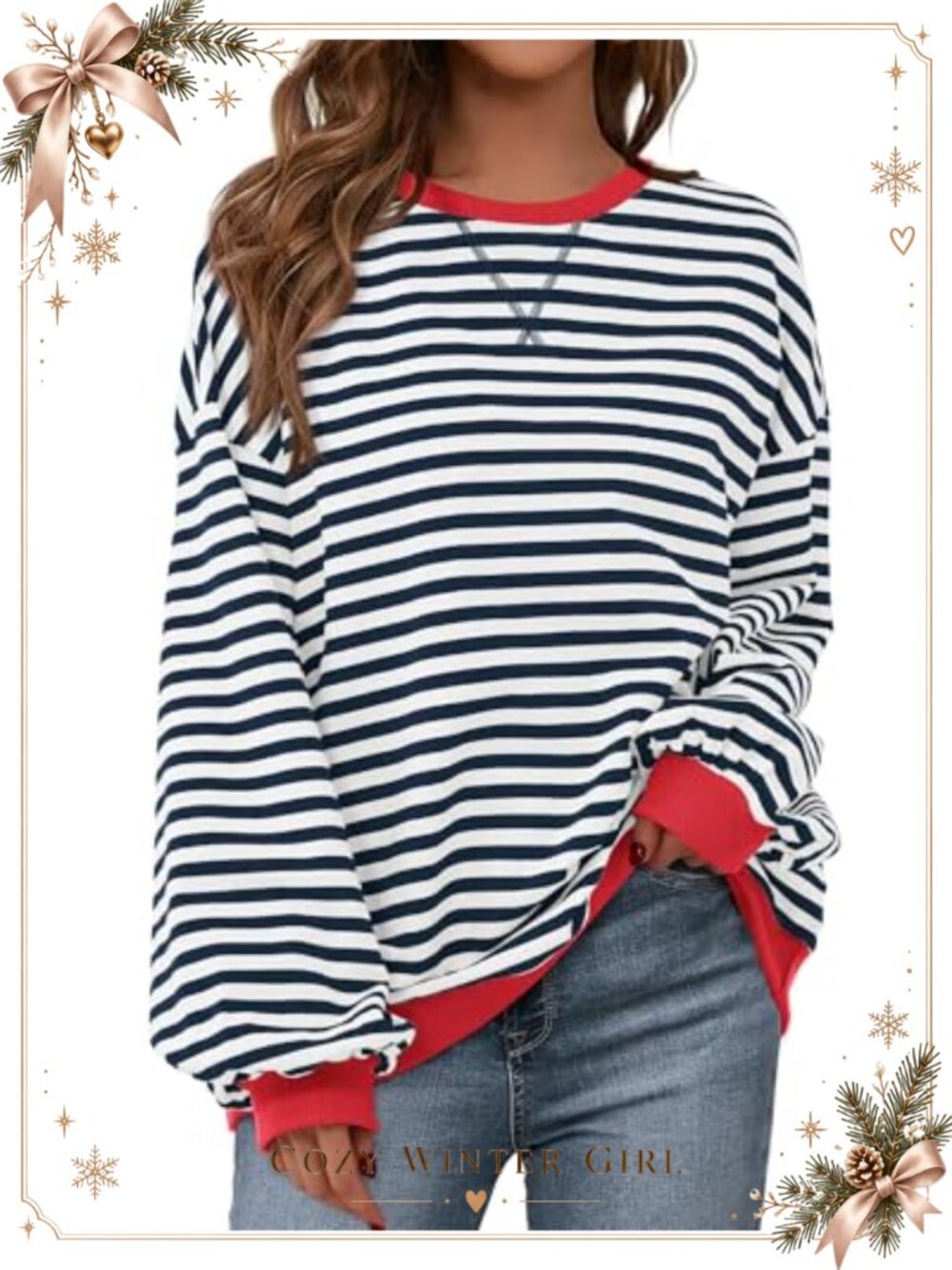 Oversized Striped Crewneck Sweatshirt Long Sleeve Pullover Loose Fit Casual Top